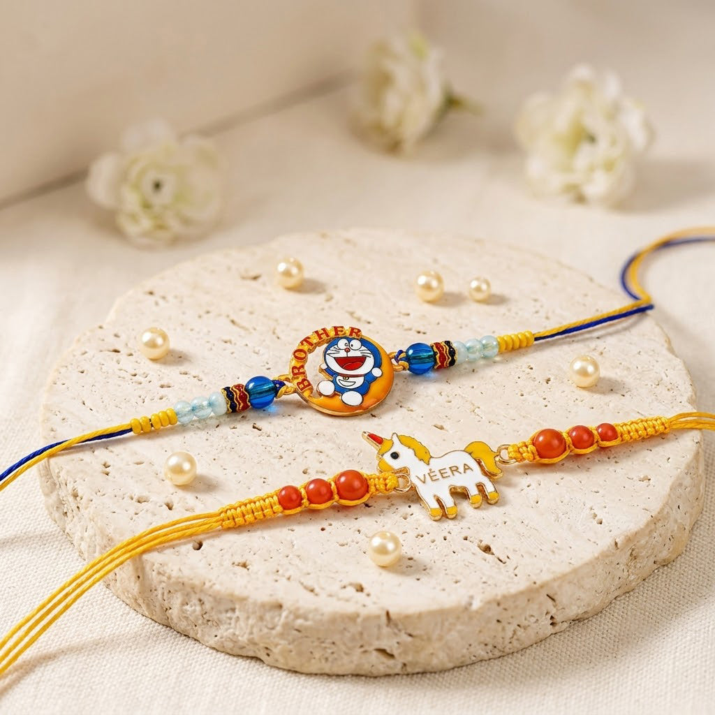 Handcrafted Unicorn Veera and Doraemon Kids Rakhi (Set of 2)