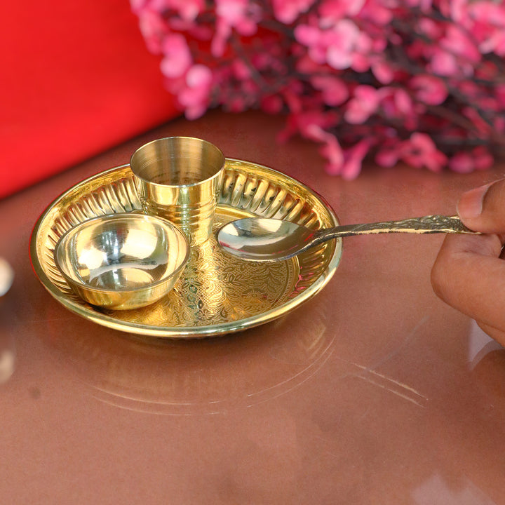 6-inch Laddu Gopal Pooja Bhog Thali Set, a compact and beautifully designed set for offering bhog to Laddu Gopal, including a thali and essential utensils for pooja rituals. 
India’s Largest Pooja Accessories Brand – www.satvikstore.in 