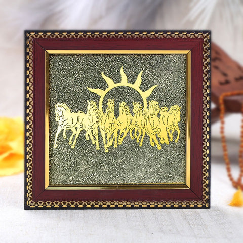 7 Horses on Raw Pyrite Frame Decorative Spiritual Piece