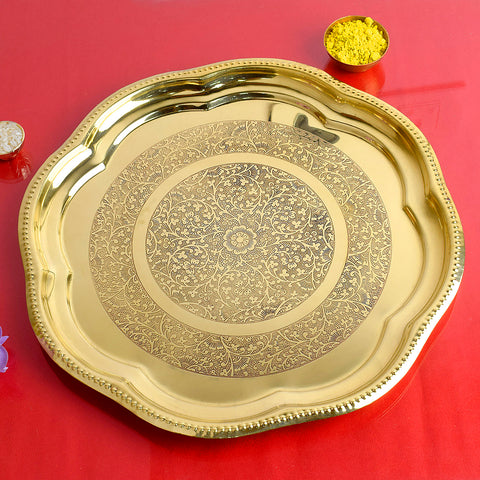 9.5 Inch Brass Decorative Engraved Aarti Puja Thali with intricate traditional patterns – ideal for Hindu rituals and festive aarti ceremonies India’s Largest Pooja Accessories Brand – www.satvikstore.in