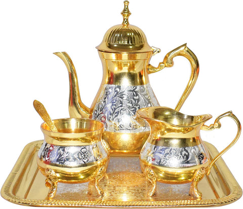 Antique Mughal Style Brass Gold and Silver Tea Coffee Set – Elegant handcrafted set with intricate Mughal-era designs in gold and silver finish, perfect for serving tea or coffee. India’s Largest Pooja Accessories Brand – www.satvikstore.in
