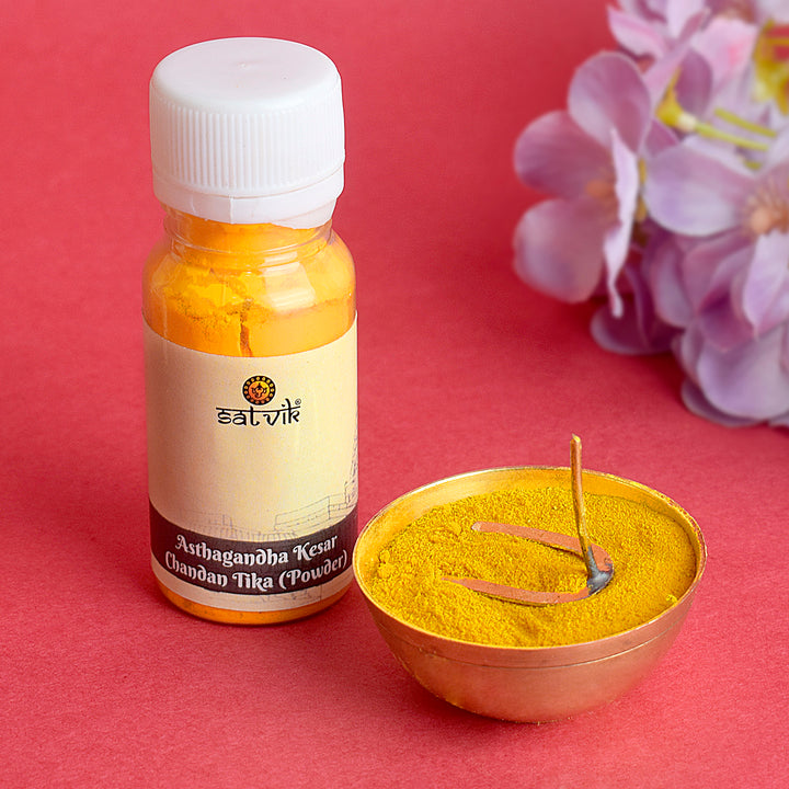Ashtagandha Chandan Tika Powder is a sacred, aromatic powder used in poojas and rituals to invoke divine blessings, purity, and spiritual energy, perfect for tilak application during religious ceremonies – India’s Largest Pooja Accessories Brand – www.satvikstore.in