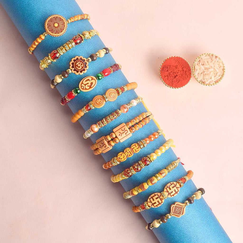 Assortment of 12 Rakhis, featuring different designs, threads, and embellishments for Raksha Bandhan. India’s Largest Pooja Accessories Brand - www.satvikstore.in