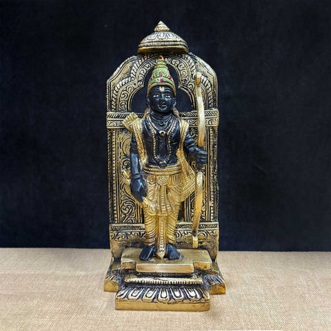 8.4 Inch Antique Brass Ram with Bow Statue – Finely Detailed Sculpture of Lord Ram Holding a Bow, Crafted in Antique Finish Brass, Representing Dharma, Valor, and Devotion for Temple. No.1 Brass Idol Store www.satvikstore.in 