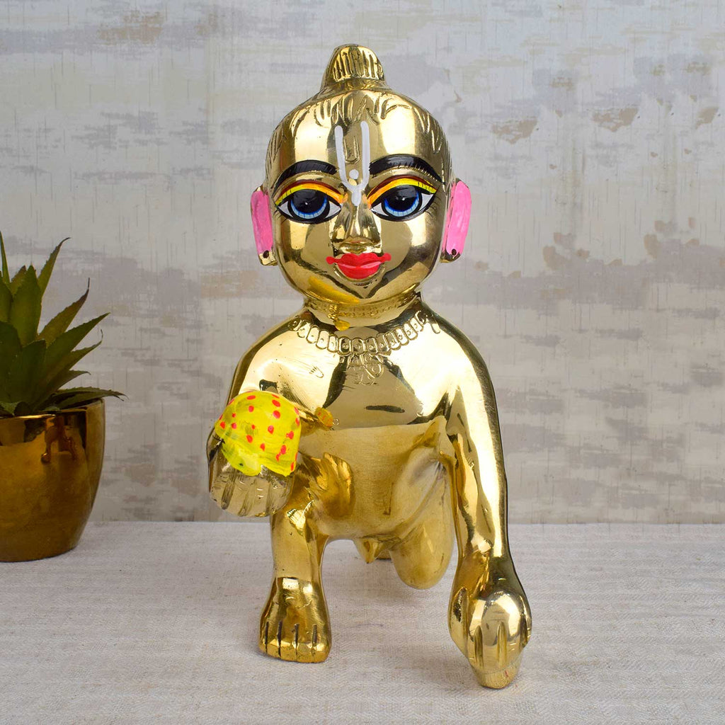 Brass Bal Gopal Idol (Size 10) depicting Laddu Gopal in a playful pose for home temple worship. India’s Largest Pooja Accessories Brand - www.satvikstore.in