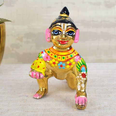 Brass Bal Gopal Idol (Size 5) depicting Laddu Gopal in a playful pose for home temple worship. India’s Largest Pooja Accessories Brand - www.satvikstore.in