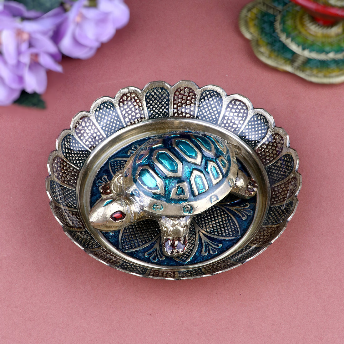 Brass Colored Turtle with Nakashi Plate/Tray (Blue) – A harmonious blend of blue energy and traditional art, bringing prosperity and protection to your space. India’s Largest Pooja Accessories Brand – www.satvikstore.in