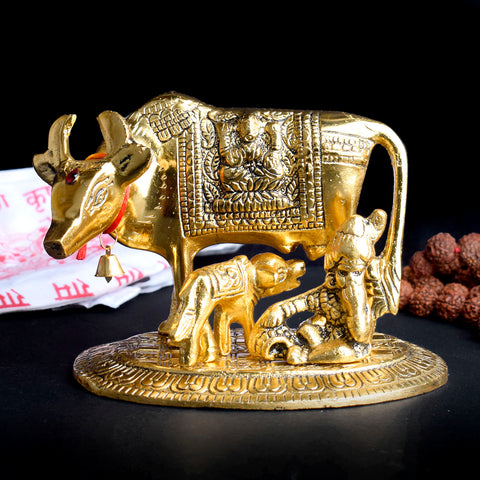 4.9 Inch Graceful Small Kamdhenu Cow Idol with Laddu Gopal and Calf, intricately crafted in brass – ideal for temple worship, spiritual gifting, and home altar décor  No.1 Brass Idol Store www.satvikstore.in 
