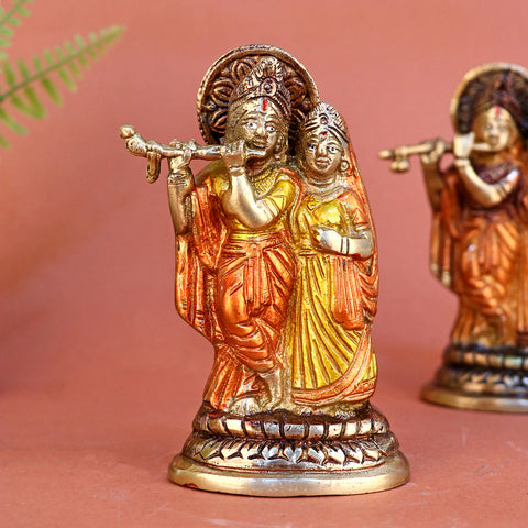 2.3 Inch Brass Small Radha Krishna Idol with fine detailing and antique finish, perfect for home temple, devotional décor, and spiritual gifting  No.1 Brass Idol Store www.satvikstore.in No.1 Brass Idol Store www.satvikstore.in 