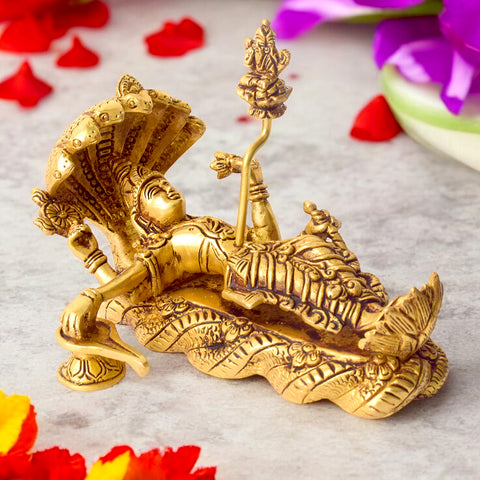 5.3 Inch Brass Vishnu Padmanabha Statue – Exquisitely Crafted Idol of Lord Vishnu Reclining on Sheshnag, Symbolizing Cosmic Balance and Divine Serenity, Ideal for Temple and Spiritual Decor. No.1 Brass Idol Store www.satvikstore.in 
