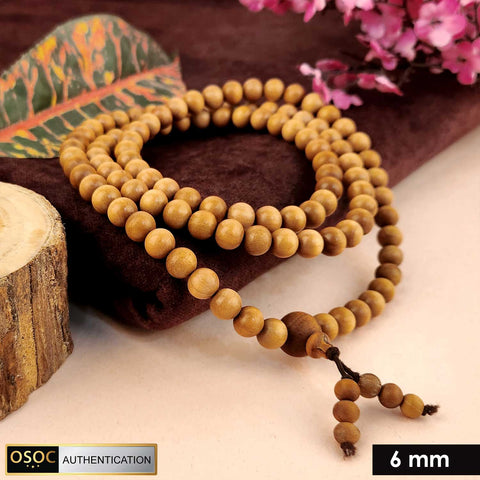 Certified 6mm 100% original authentic Mysore white sandalwood (Chandan) jap mala, featuring smooth round beads for meditation, prayer, and spiritual practices.India’s Premium Jap Mala Store - www.satvikstore.in