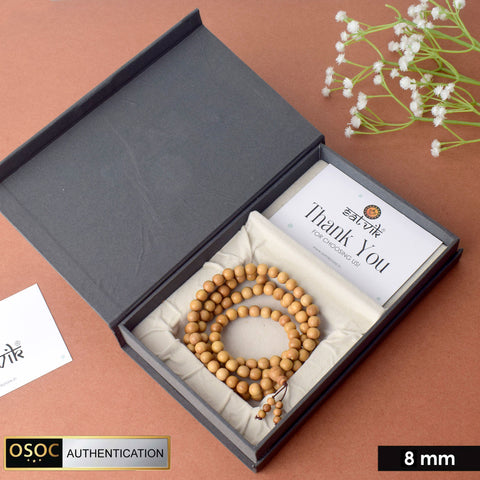 Certified 8mm 100% Original Authentic Mysore White Sandalwood (Chandan) Jap Mala