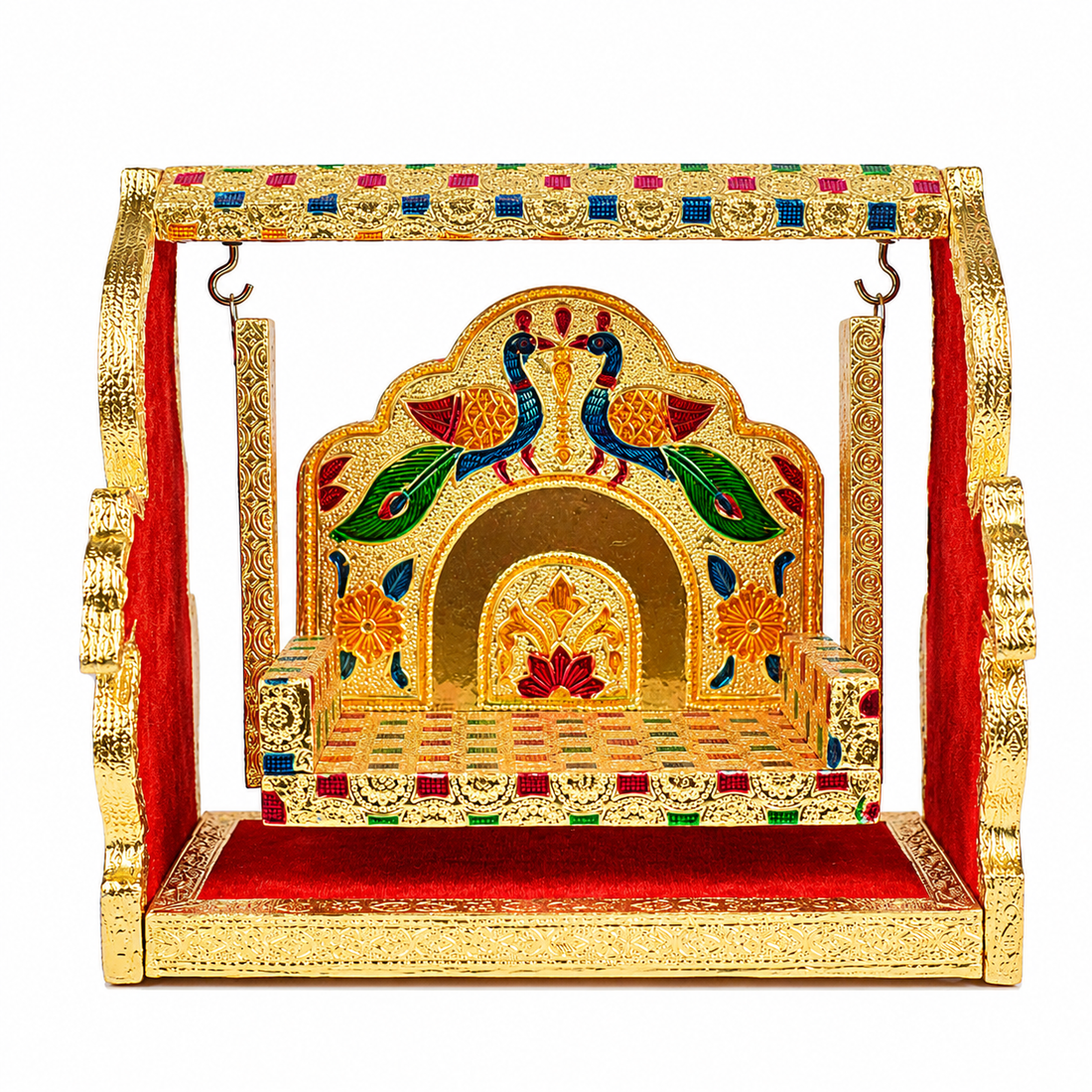 Golden Meenakari Peacock Singhasan Jhula for Laddu Gopal