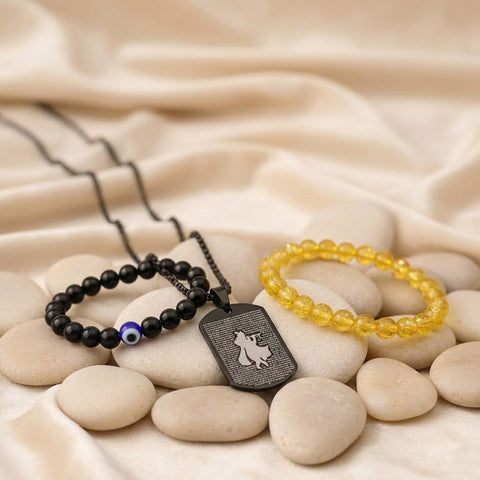 Citrine & Black Obsidian Evil Eye Bracelet Combo with Hare Krishna Hare Rama Pendant