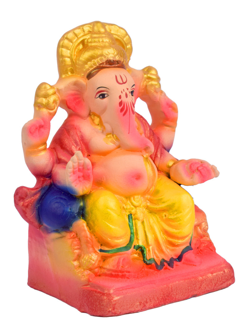 6 Inch Colorful Eco-Friendly Ganesha Idol Sitting on Shinghasan