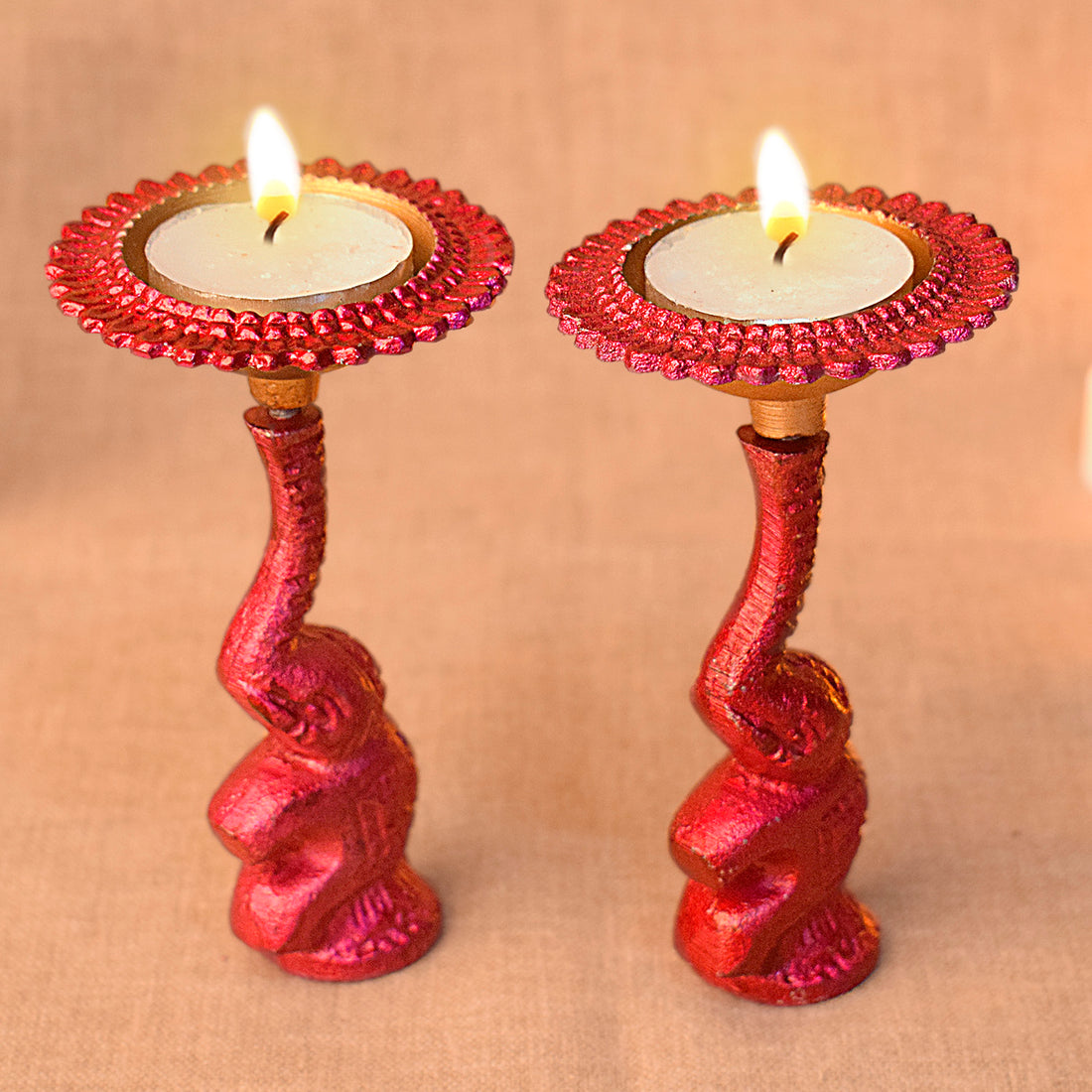 Multicolor Elephant Diya Metal Table Dia Laxmi Candle Tea Light Holder (Pack of 2)