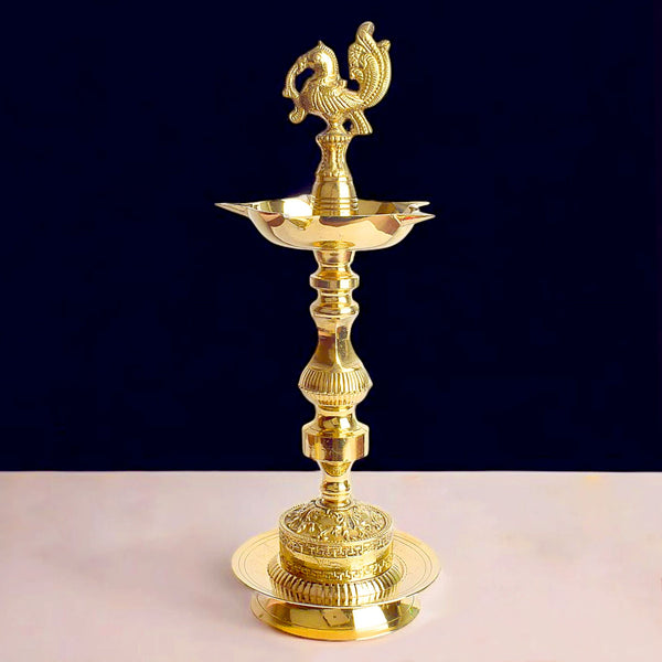 13 Inch Brass 1 Step Embossed Peacock Kerala Stand Diya