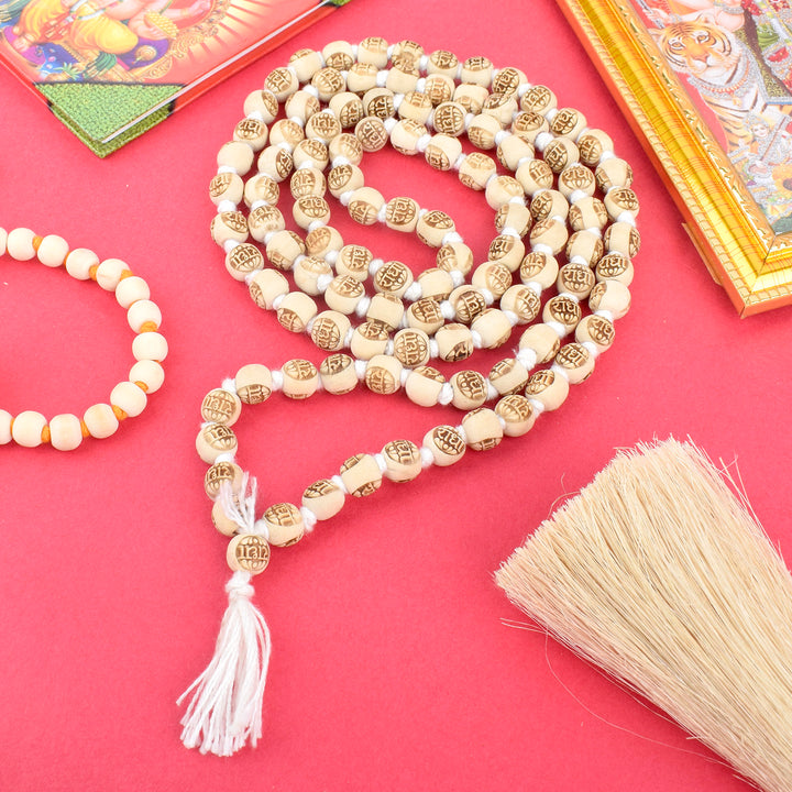 Handcrafted Wooden Jap Mala featuring smooth wooden beads with 'Radha Radha' engraving, ideal for devotional chanting and meditation. India’s Premium Jap Mala Store- www.satvikstore.in
