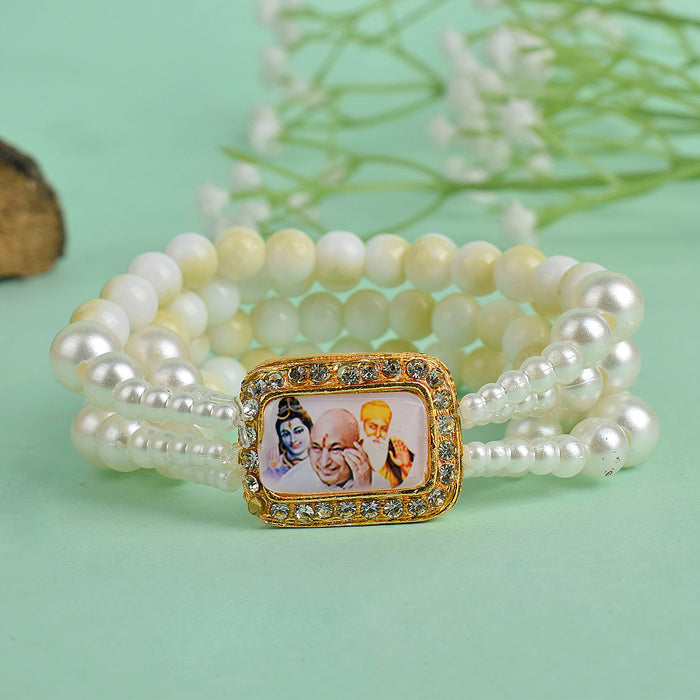 Yellow & White Marble with White Pearl Four Layer Guruji Swaroop Bracelet featuring vibrant yellow beads, elegant white marble effect beads, and luminous white pearls with Jai Guruji Swaroop – perfect for spiritual wear, festive gifting, and daily devotion. India’s Largest Pooja Accessories Brand – www.satvikstore.in