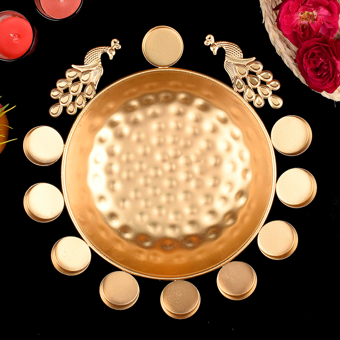 Decorative Brass Peacock Flower Urli with Tea Light (Pack of 3)