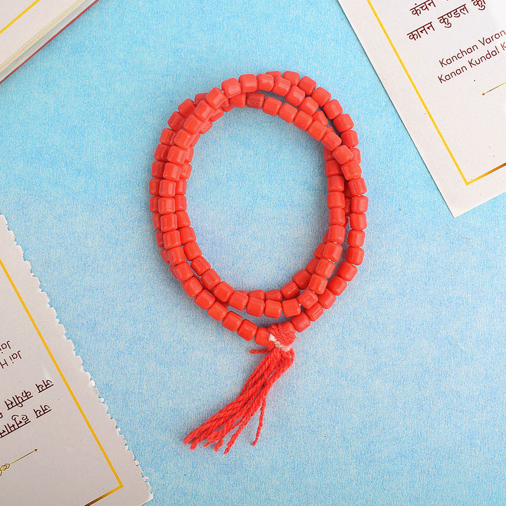Lal Munga (Blood Stone) Mala with large red beads, ideal for emotional healing, meditation, and spiritual growth. India’s Premium Jap Mala Store- www.satvikstore.in 