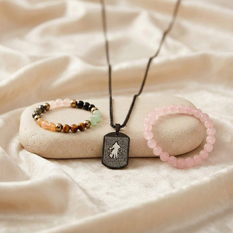 Dhan Yog & Rose Quartz Bracelet Combo with Hanuman Chalisa Pendant