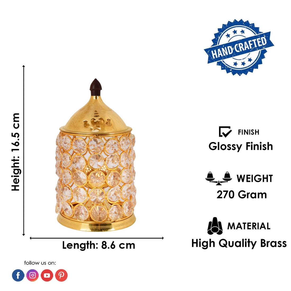 Pure Brass Crystal Glow Chimney Diya