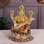 3.7 Inch Saraswati idol made of brass, ideal for home temple, study table, puja rituals, and thoughtful gifting, representing wisdom and learning. No.1 Brass Idol Store www.satvikstore.in 
