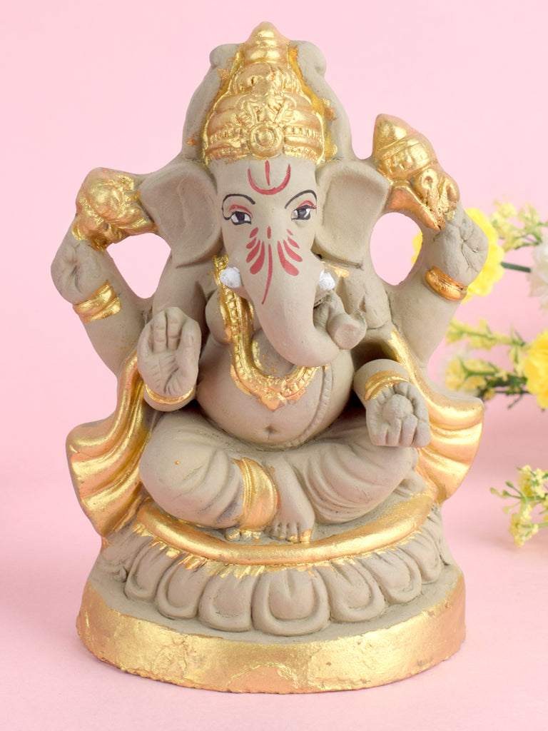 6.2 Inch Eco-Friendly Kamal Ganesha Idol with Gold Art detailing, featuring Lord Ganesha seated on a lotus, crafted from natural clay. India’s Largest Pooja Accessories Brand – www.satvikstore.in