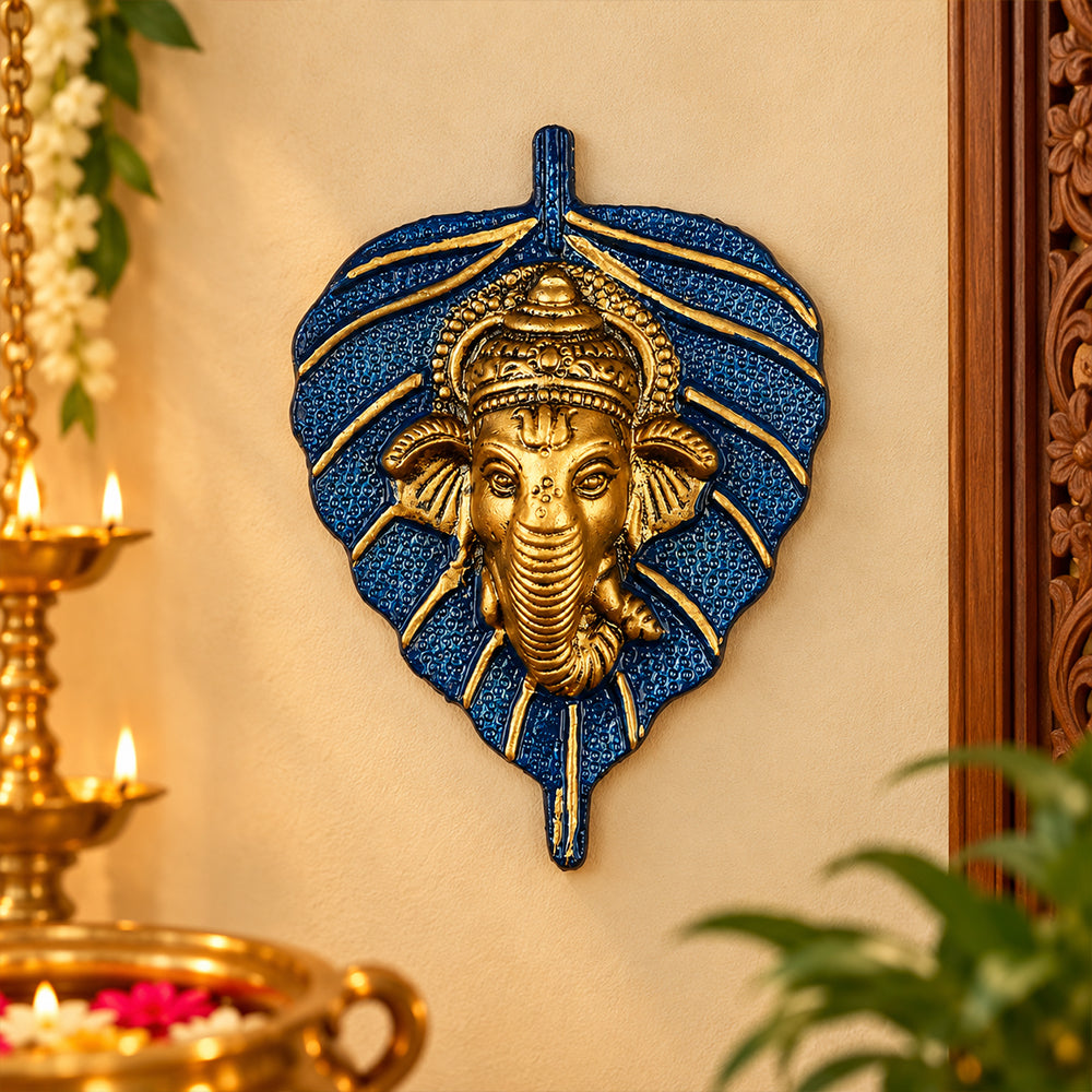 1 Pc Lord Ganesh Face on Leaf Patta Wall Hanging - Blue