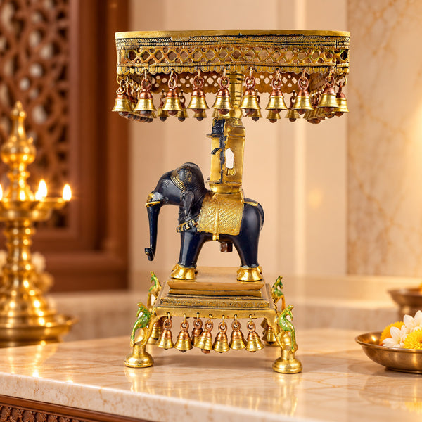 23 Inch Brass Chowki on Elephant with Hanging Bells – Exquisite Decorative Piece