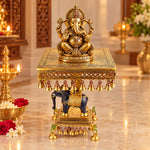 23 Inch Brass Chowki on Elephant with Hanging Bells – Exquisite Decorative Piece