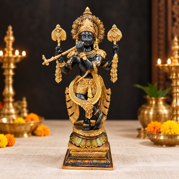 19 Inch Brass Chola Krishna Sculpture Playing the Flute