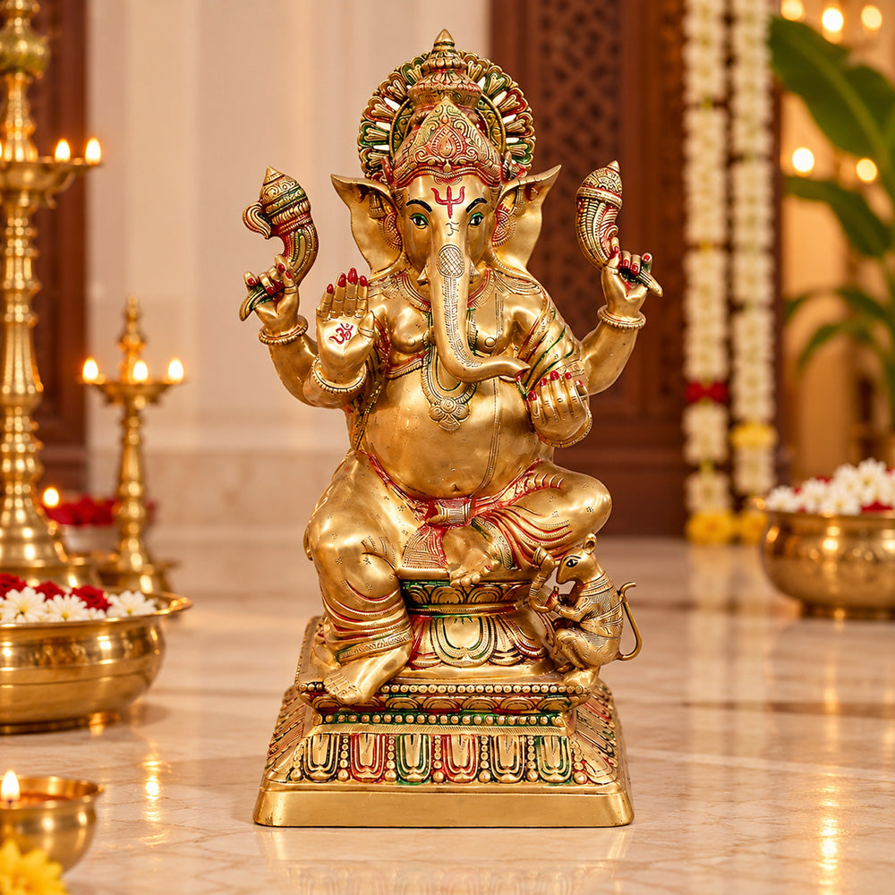 30 Inch Brass Seated Ganpati Idol with Glossy Finish