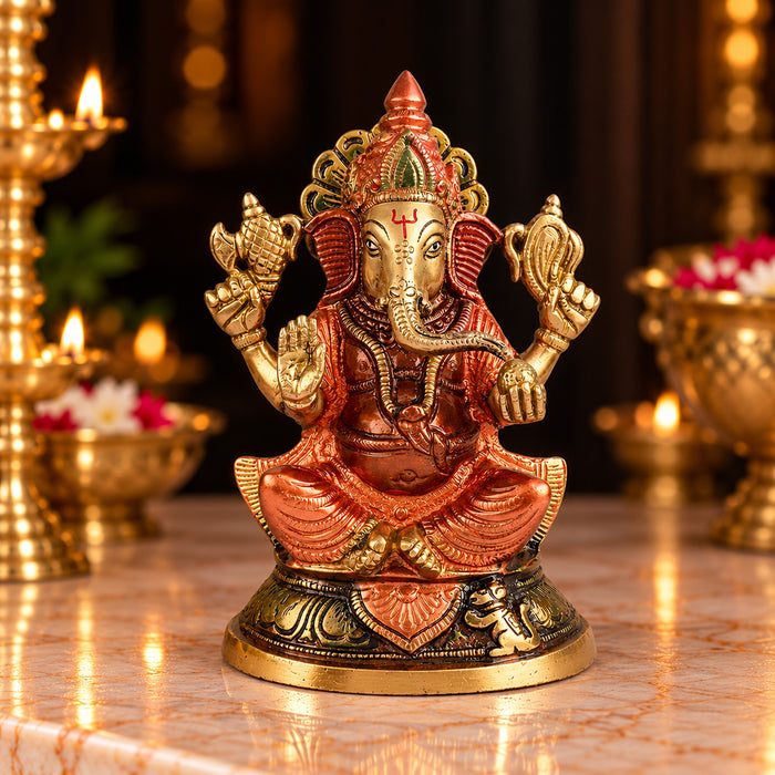7.5 Inch Chaturbhuj Ganesha Pure Brass Idol