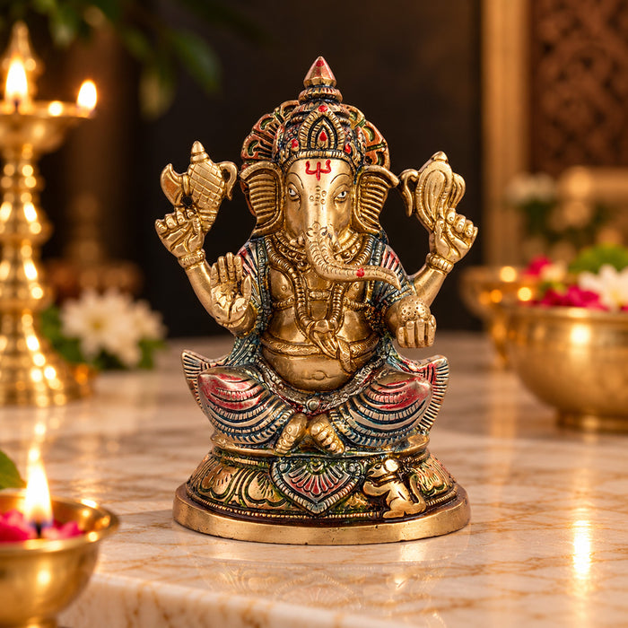 7.5 Inch Sitting Lord Ganesha Pure Brass Idol