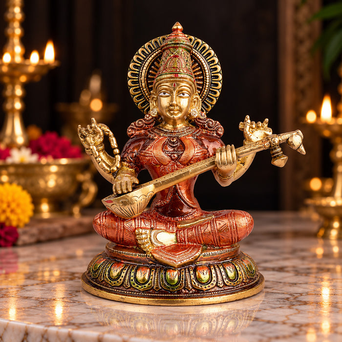 10.2 Inch Beautiful Brass Saraswati Idol | Saraswati Mata Murti