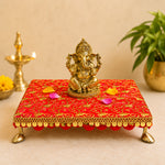 Handcrafted Red Brocade Pooja Chowki with Gold Zari Embroidery