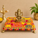 Premium Handcrafted Yellow Fabric Wooden Pooja Chowki
