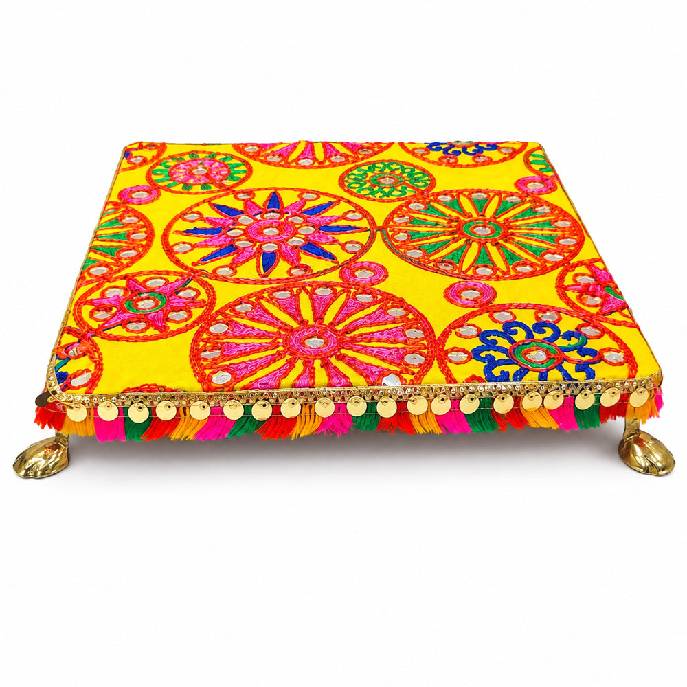 Premium Handcrafted Yellow Fabric Wooden Pooja Chowki