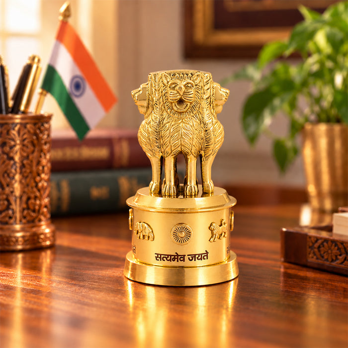 6 Inch Brass Ashoka Pillar Showpiece - Decorative Symbol of India