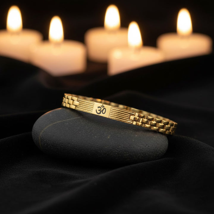 Gold Plated Om Bracelet with premium IGP coating featuring sacred Om symbol – spiritual adjustable bracelet for daily wear and meditation. India’s Largest Pooja Accessories Brand - www.satvikstore.in