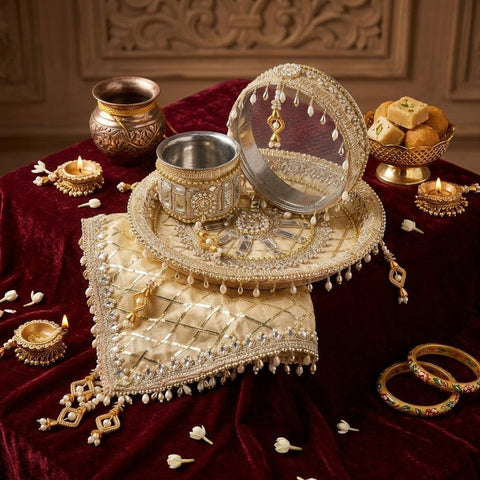 Golden Gota Work Karwa Thali Set | Satvikstore.in