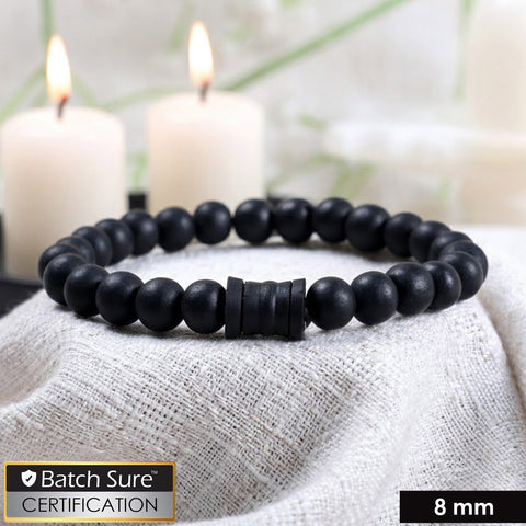 8mm black karungali bead bracelet with a central damru-shaped bead on an elastic cord, shown on a plain background. India’s Largest Puja Accessories Brand- www.satvikstore.in
