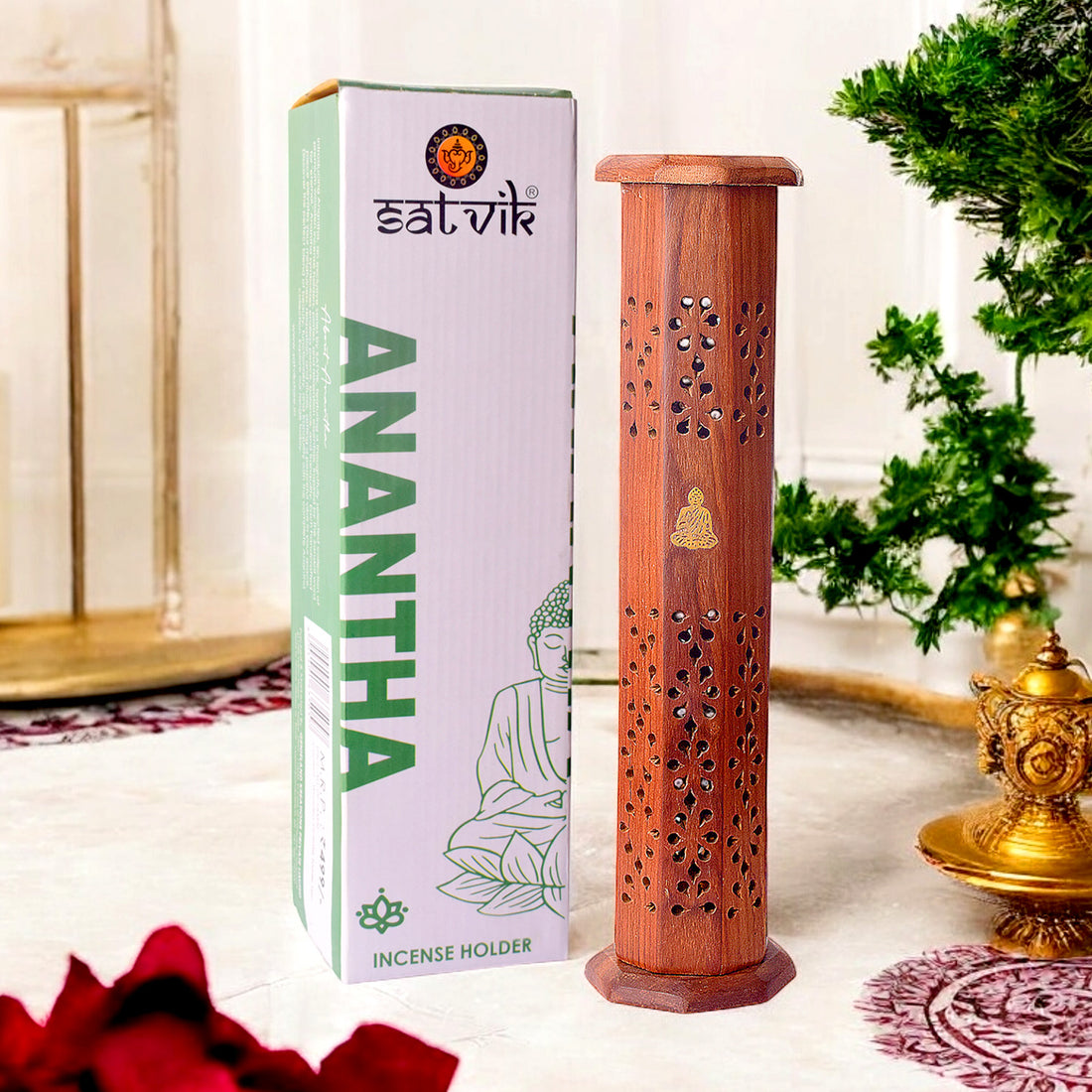 Handcrafted wooden standing incense holder, meticulously designed for pooja rituals, meditation, and enhancing home décor. This elegant incense stand is perfect for holding incense sticks during spiritual practices, adding a touch of tradition and serenity to your pooja space or living room. India’s Largest Pooja Accessories Brand – www.satvikstore.in 