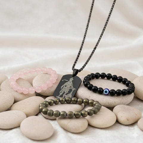 Raw Pyrite, Rose Quartz & Black Obsidian Bracelet Combo with Hanuman Chalisa Pendant