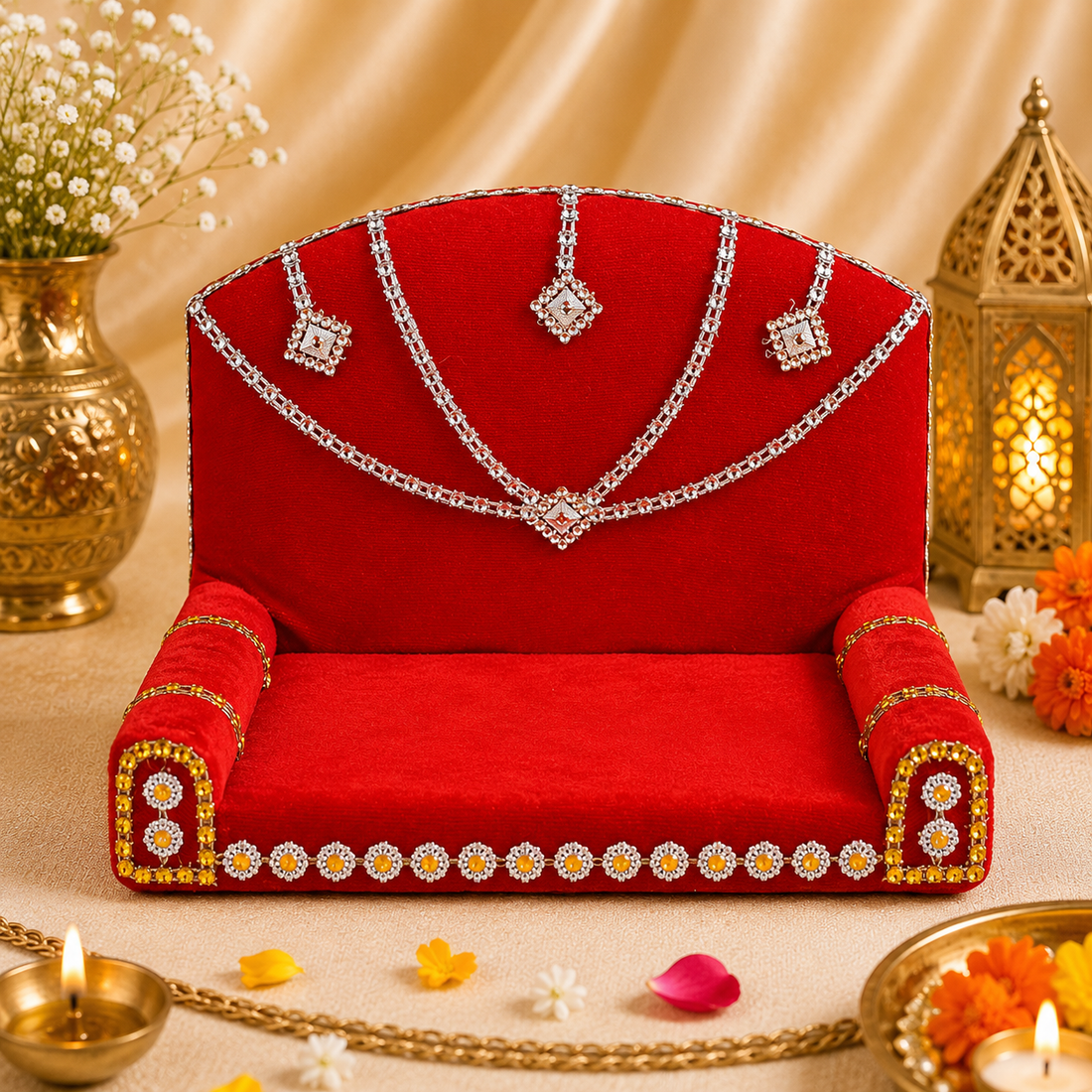 Royal Throne – Red Velvet Laddu Gopal Singhasan with Silver Detailing