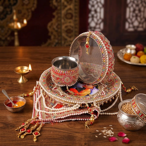 Red Karwa Chauth Thali Set | India’s Largest Pooja Accessories Brand – www.satvikstore.in