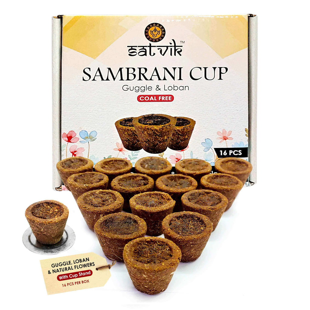 Natural Cow Dung Sambrani Cup with Guggle and Loban and Natural Flowers. Pooja Store Puja Items online www.satvikstore.in