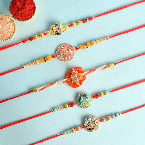 Set of 5 Designer Rakhi Threads with Roli Chawal and Ram Sita Stickers for Raksha Bandhan Celebration. India’s Largest Pooja Accessories Brand - www.satvikstore.in